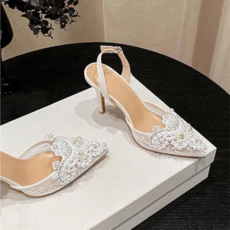 Pearls Decorative Lace Mesh High Heels Women Sexy Pointed Toe Thin Heeled Sandals Fashion Slingbacks Party Dress Shoes for Women