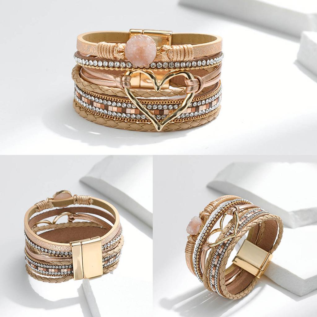 Elegant Heart Leather Wrap Bracelets Stackable Bohomian Cuff Bangles Fashion Rhinestones Bracelets for Women and Girls