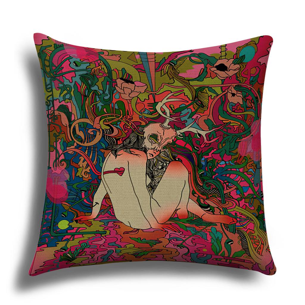 Classic Retro Girl Skull Illustration Cushion Cover Pillow Cover Sofa Cushion Cover Living Room Bedroom Soft Home Decoration