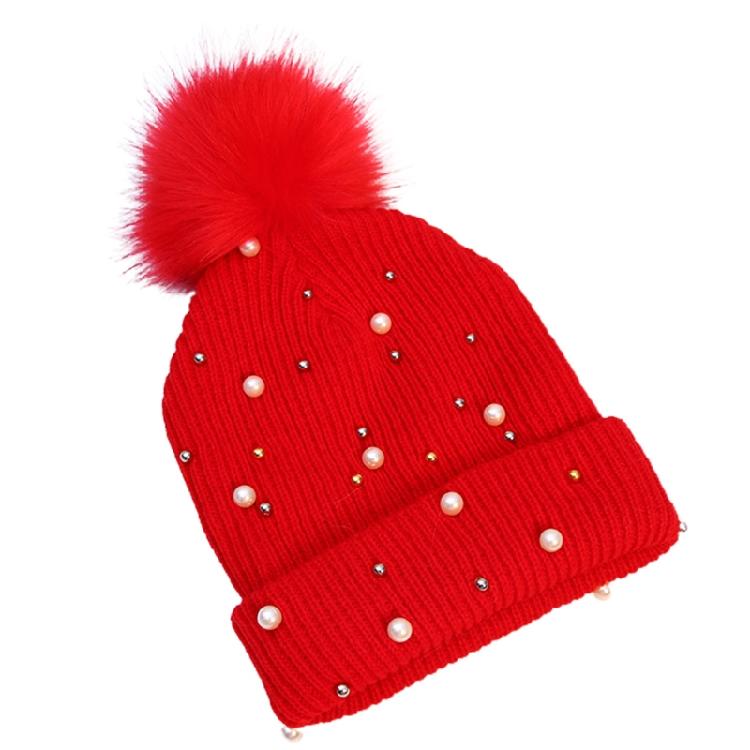 Solid Color Pearl Pompom Wool Hat Knitted Hat Beanie Hat Thicken Stretchable