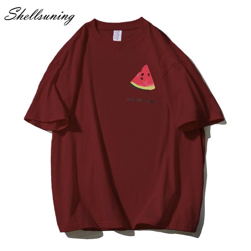 Shellsuning Tricouri casual din bumbac de vară cu decolteu în formă de O Tricouri cu grafic pentru femei drăguț pepene verde pentru femei, simplu, la modă, cu mâneci scurte, topuri fete