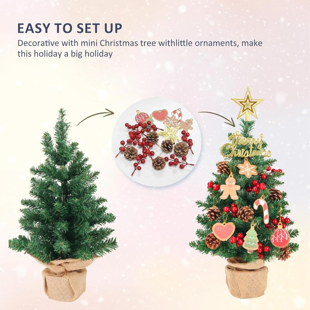 Artificial Mini Christmas Tree, 22Inch Tabletop Christmas Trees 65 Branch Tips Small XmasTrees with Ornaments for Indoor Desktop