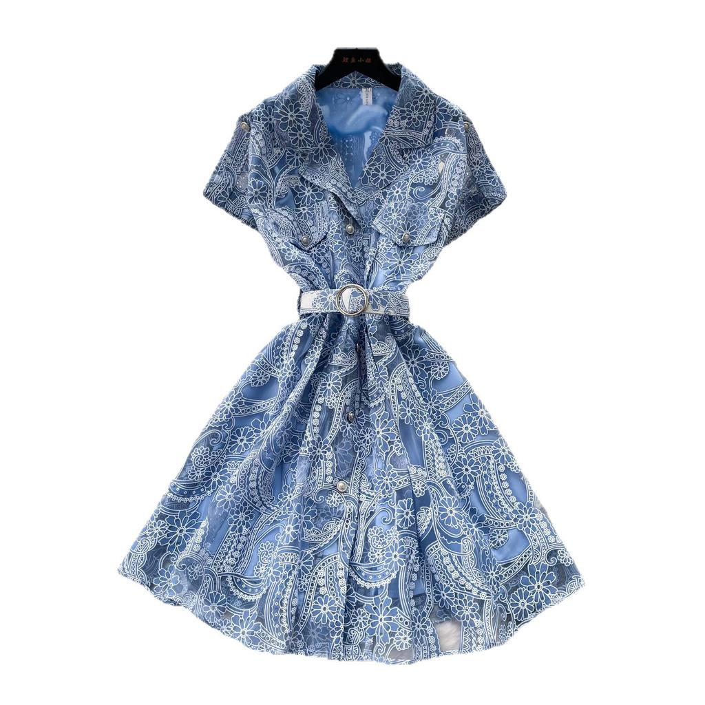 French Romantic Style Heavy Industry Lace Embroidered Dress Women's Summer Short Sleeves Waist Hollow and Thin Temperament Short Skirt