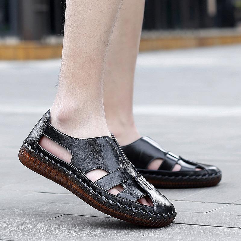 Summer Split Leather Men Sandals Outdoor Slides Handmade Men Slippers Breathable Beach Sandal Men's Leisure Shoes Zapatos Hombre