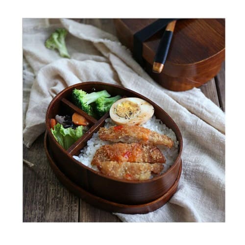 Sylvamorning Bento Box, Solid Wood, Natural Lacquer Finish, Single-Tier Wooden Lunch Box, Cute for Students, Sushi, Handcrafted, Oval, Magewappa Bento