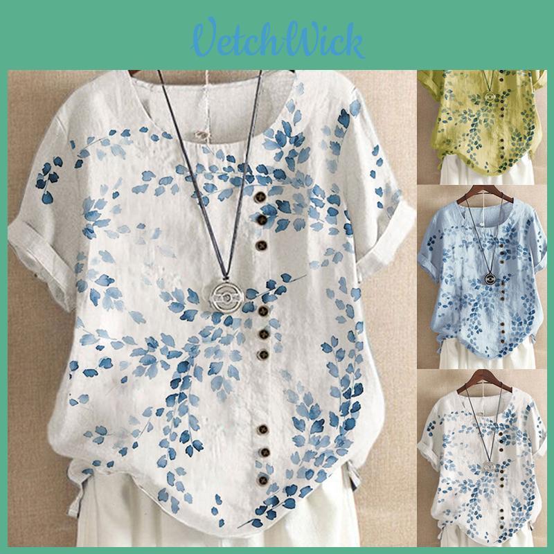 Ladies' Plus Size Floral Print Top Made From Soft Breathable Cotton Linen