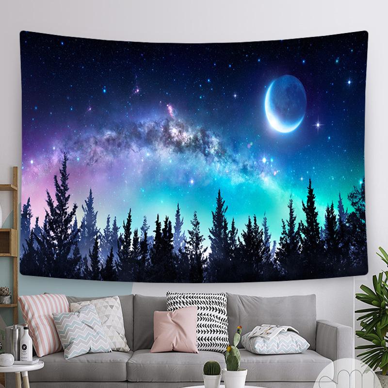 Dreamy Forest Night Scene Aurora Print Pattern Tapestry Home Living Room Bedroom Wall Decor Background Cloth Tapestry