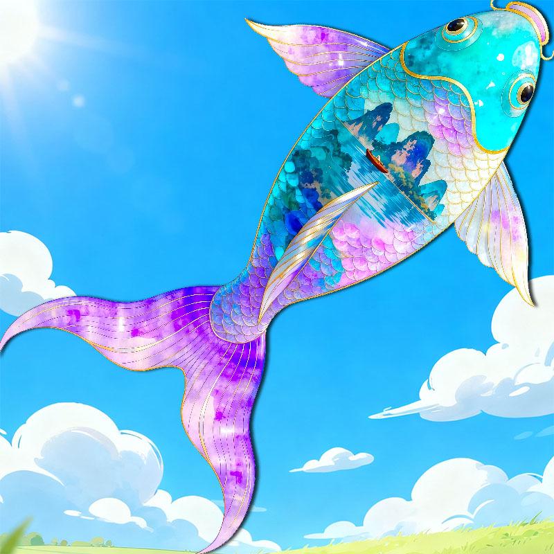 Duży latawiec dla dorosłych: Rekin, Delfin, Wieloryb Koi do handlu transgranicznego 1.3m Goldfish [Guilin Landscape] Kite Only blue