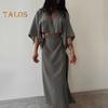 Women's V Neck Maxi Dress Sexy Hollow Out Short Sleeve Bodycon Split Dress Summer Cotton Linen Long Dress for Beach Vacation