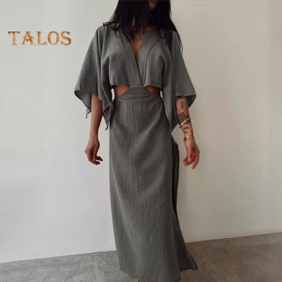 Women's V Neck Maxi Dress Sexy Hollow Out Short Sleeve Bodycon Split Dress Summer Cotton Linen Long Dress for Beach Vacation
