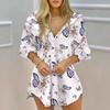 European & American Style Ruched V-Neck Button Print Long Sleeve Slimming Shirt Dress