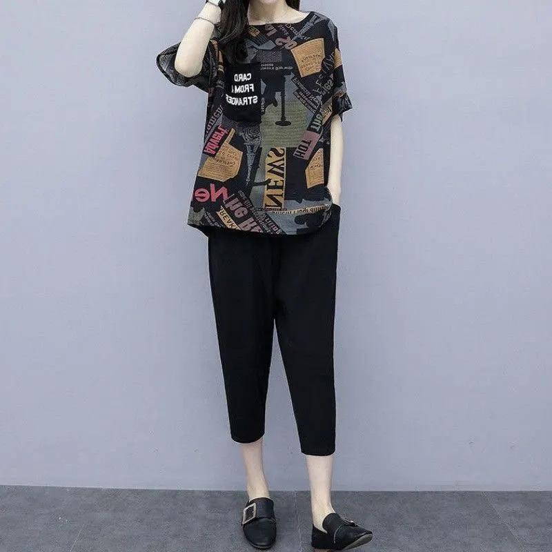 Completo Estivo da Donna Taglie Forti con Pantaloni Corti a Maniche Corte Stile Western Due Pezzi