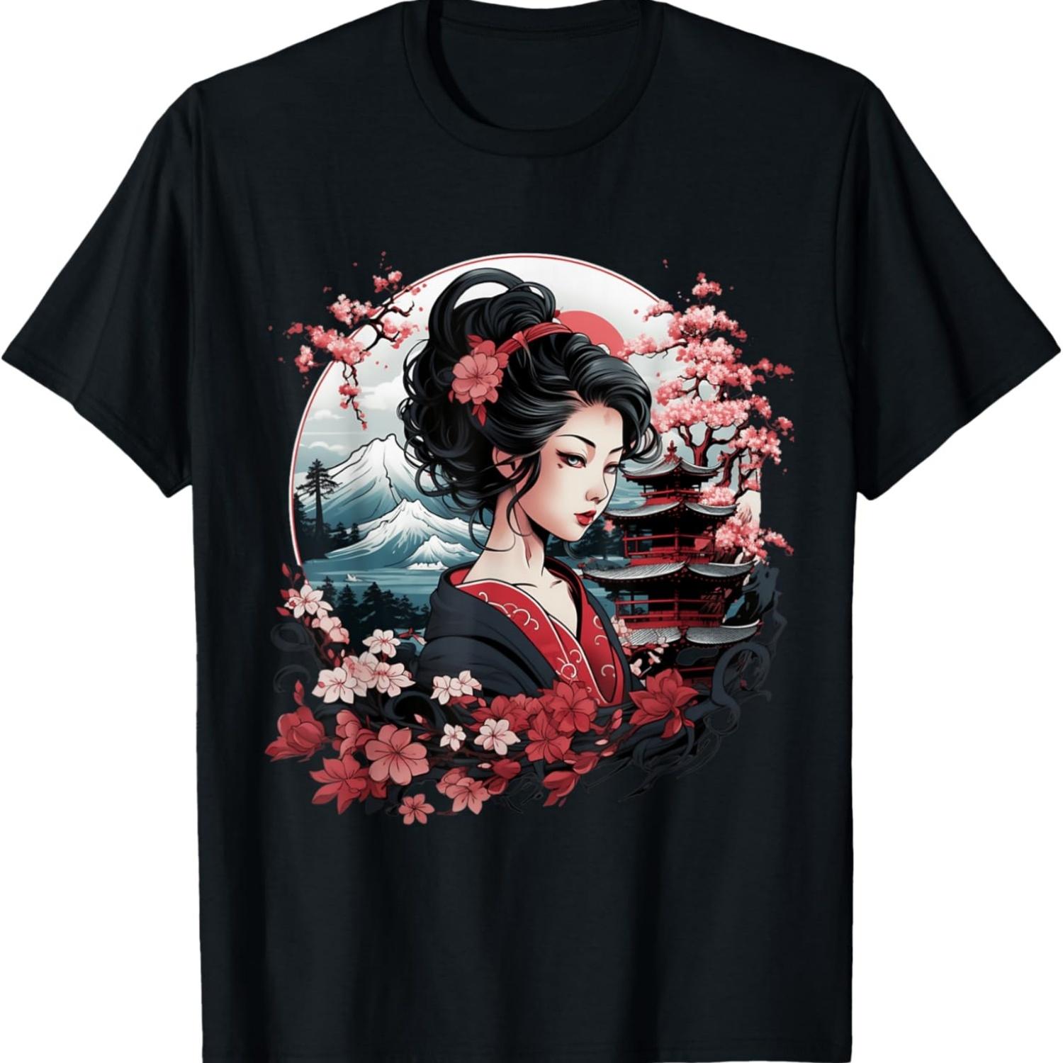 Футболка с гейшей, горой Фудзи, пагодой и цветами сакуры(67) S чёрный