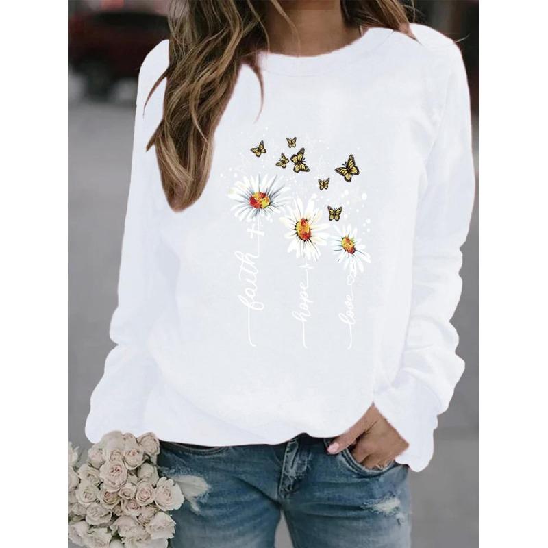 Vinter Dame Daisy Printed Topper T-skjorte Dame Rundhals Langermet Casual Sweatshirt Plus Size Bluse