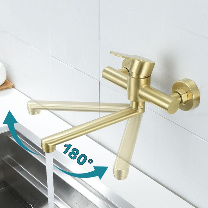 Brushed Gold 304 Stainless Steel Kitchen Sink Faucet Wall-mounted Single Handle Rotate Hot And Cold Kitchen Faucet Nickel