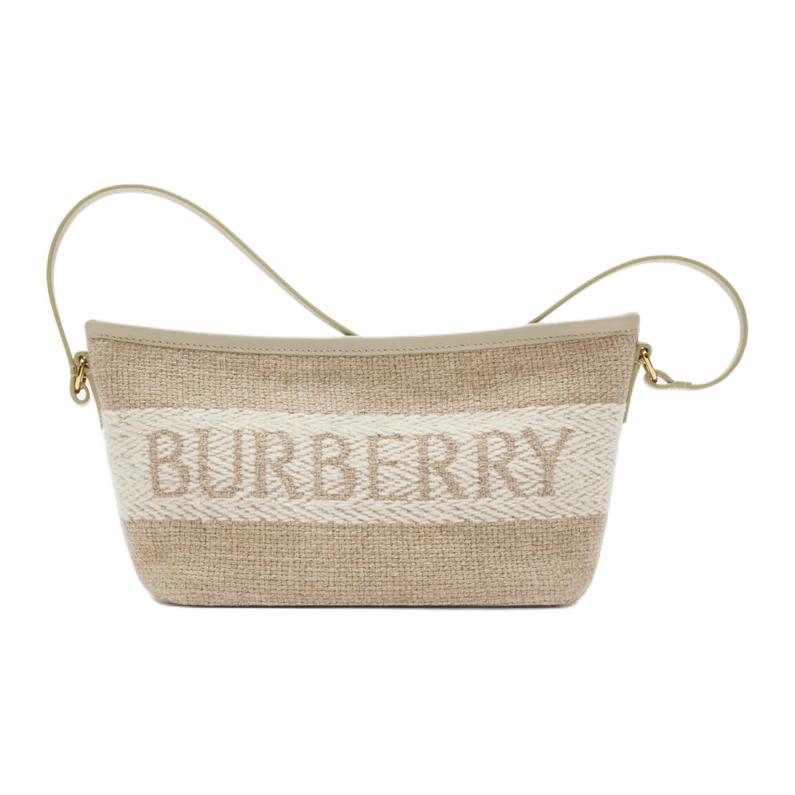 Burberry Beige Woven Canvas Logo Hobo Crossbody Bag With Gold Hardware For Daily Use