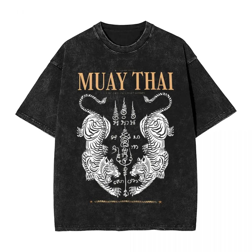 Vintage Washed T-Shirt Classic Muay Thai Twin Tigerr Loose T Shirts Hippie Tee Shirt for Couple Custom Clothes