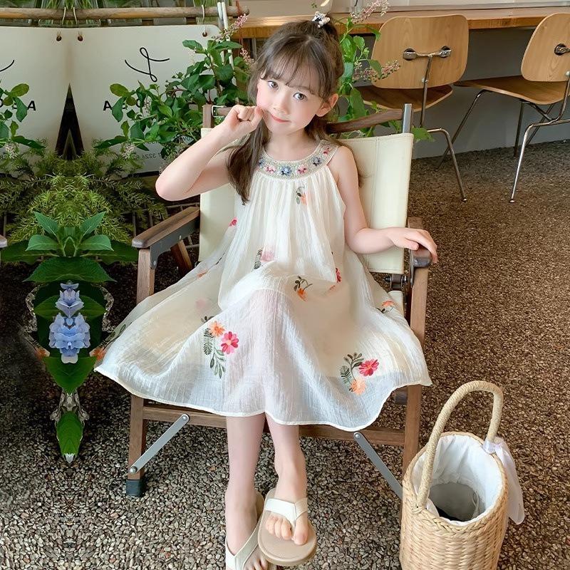 Summer Arrival Neck Embroidered Dress Floral Embroidered Mesh Layered Sleeveless Dress Girls Cute