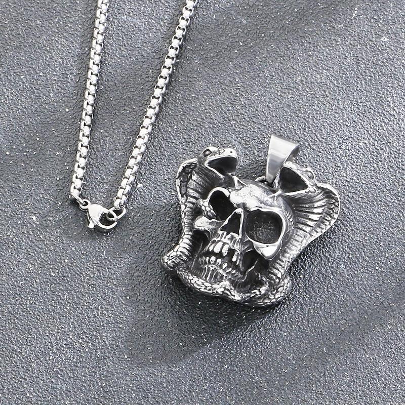 Skull & Double Snake Pendant Necklace for Men Stainless Steel Vintage Gothic Punk Jewelry Retro Biker Rock Accessory Gift