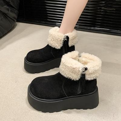 Damen Pelz Plateau Stiefeletten Schneestiefel Flats Wildleder Warm Plüsch Baumwollschuhe Frau Winter 2025 Trend Goth Gemütlich Rutschfest Botas Mujer