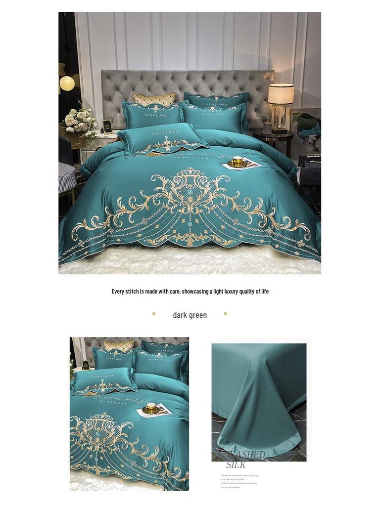 Evropská 4dílná sada prostěradel ze 100% bavlny s povlakem na přikrývku z ledového hedvábí - Luxusní svatební ložní prádlo