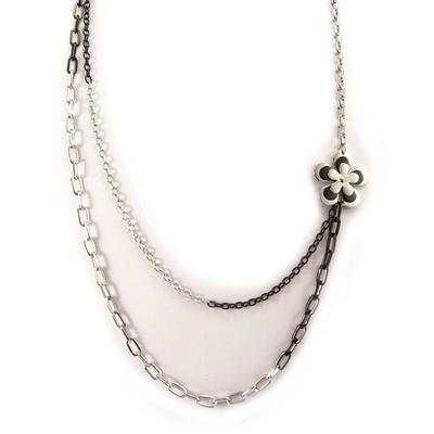 [K6006] - Silver-black 'Calypso' Steel Long Necklace (flower)