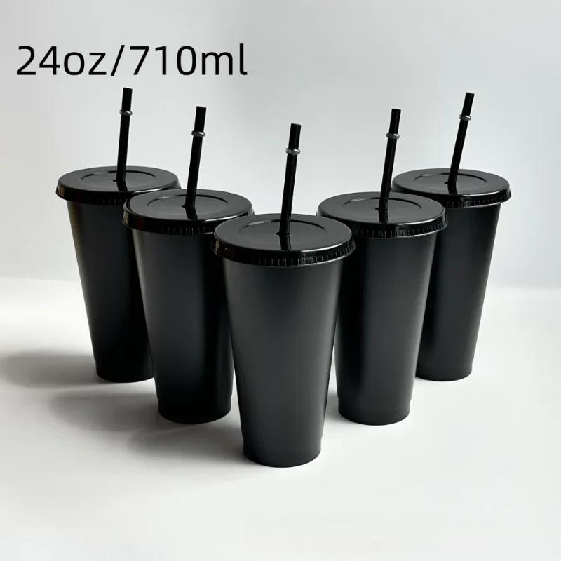 5pcs 24oz Transparent Reusable Tumblers with Black Lids and Straws Iced Coffee Water Bottle Cold Smoothie Cups for Parties Drink