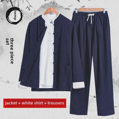 Fato Tang de Algodão e Linho Masculino - Estilo Chinês Antigo para Meditação e Chá, Perfeito para Primavera, Verão e Outono.