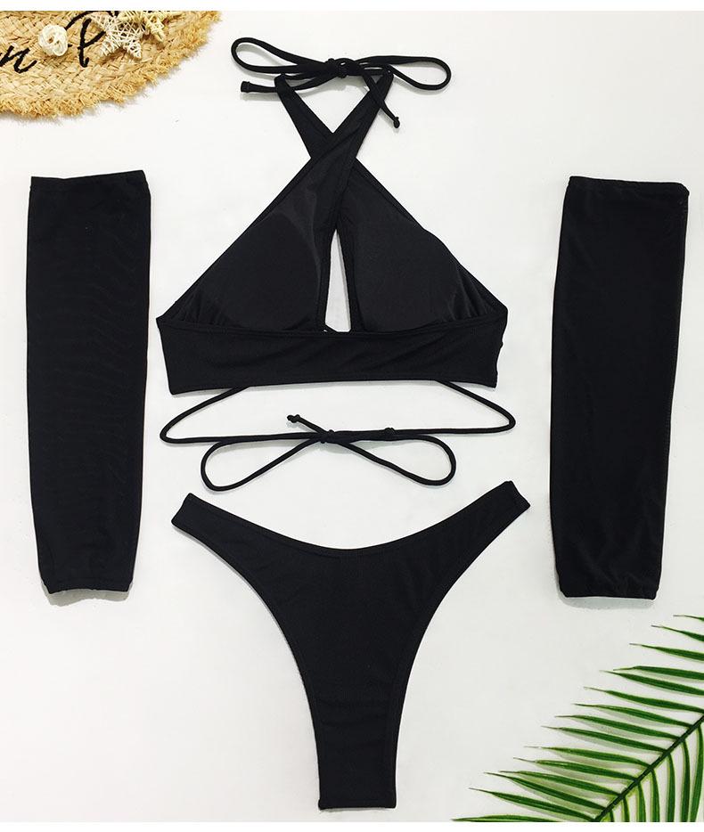 Damen Dreiteiliger Langarm-Bikini-Set - Gestreifter und Einfarbiger Badeanzug
