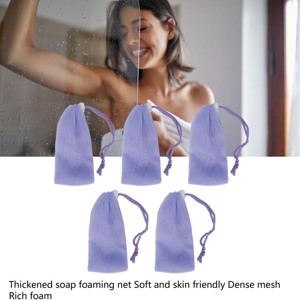 5 Stück Netz Seifensäckchen Sparbeutel Lila Schaumnetz mit Kordelzug Körper Gesichtsreinigungs-Werkzeug