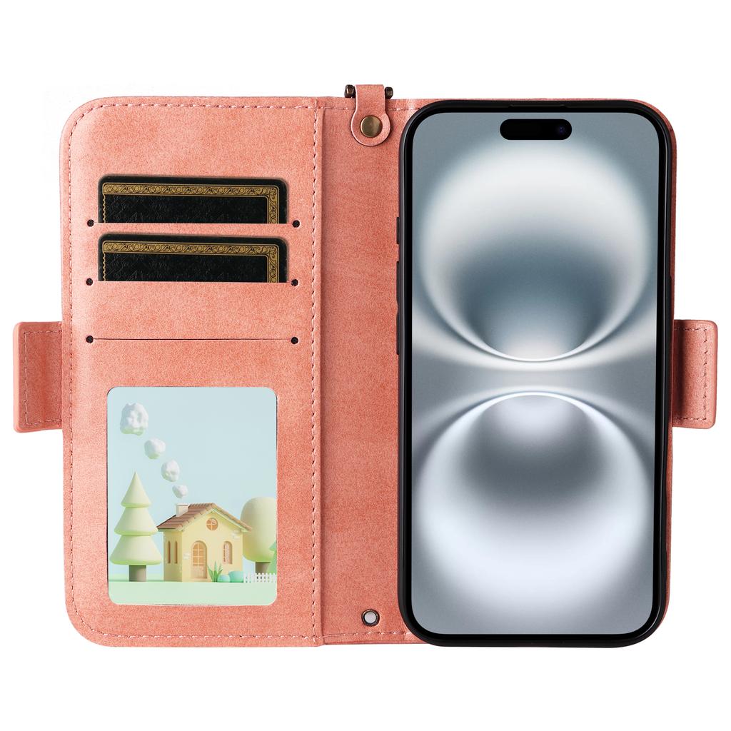 For iPhone 16 Leather Case Magnetic Closure Wallet Stand Phone Cover with Crossbody Strap