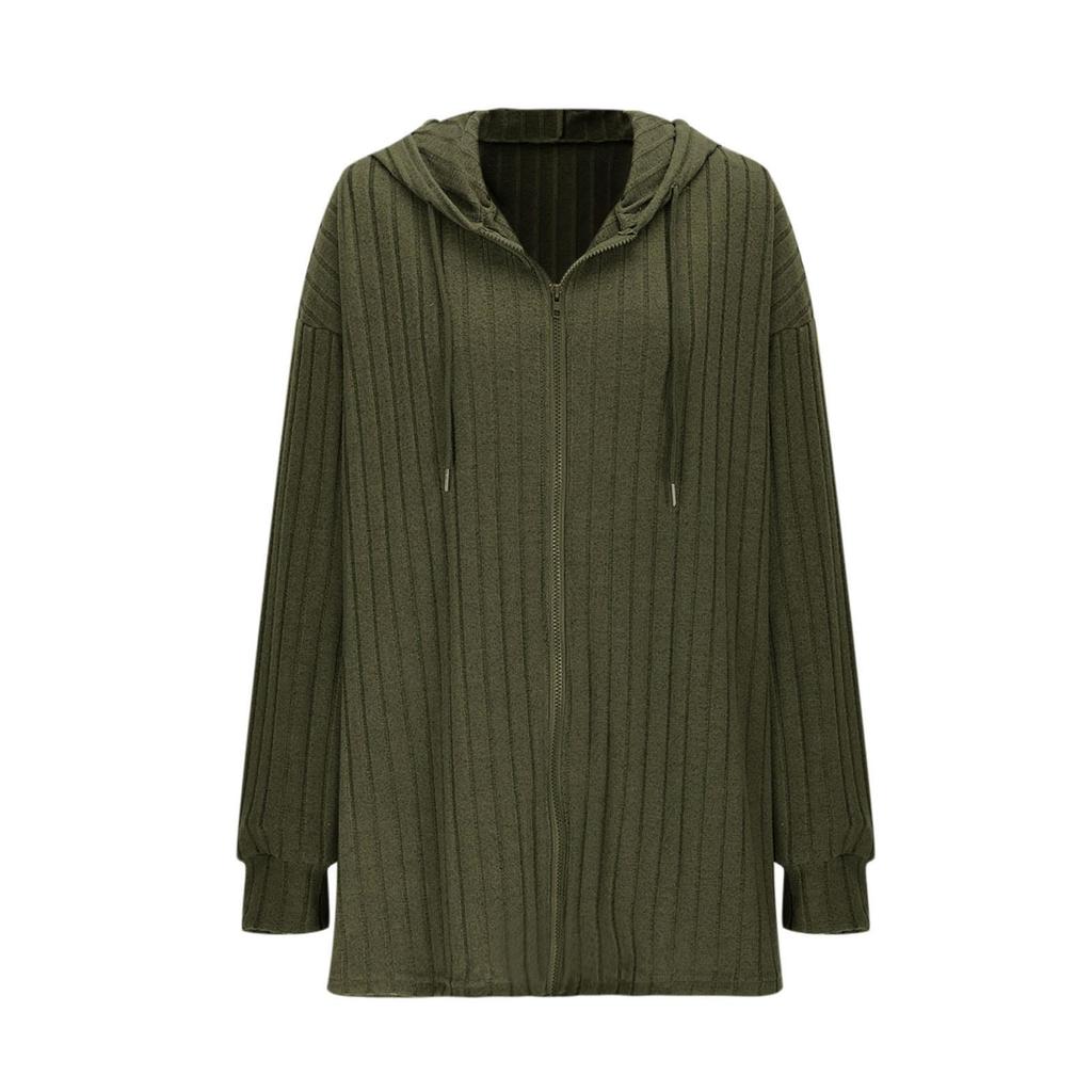 Women’s Casual Long Sleeve Ribbed Knit Zip Up Hooded Cardigan Jacket Lightweight Open Front Outerwear Sweater Coat