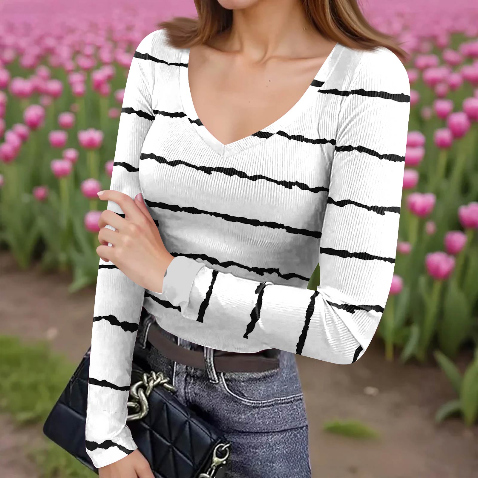 

Женская зимняя приталенная футболка-базовый слой, модный принт, V-образный вырез, пуловер, топ с длинным рукавом M белый