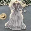 French gentle wind heavy industry embroidery V-neck dress women's summer short sleeves waist thin A word holiday style long dress
