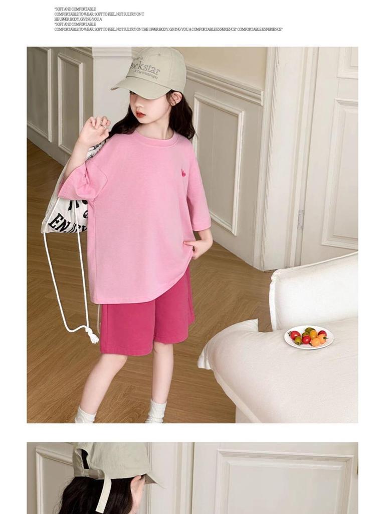 Summer 2026 Girls' Cartoon Print Two-Piece Set: Casual Loose T-Shirt and Shorts