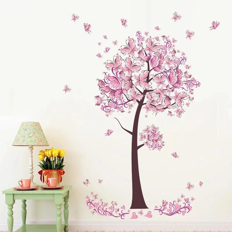Pink Butterfly Flower Tree Wall Stickers Decals Girls Women Flower Mural Vinyl Wallpaper Home Living Room Bedroom Decor