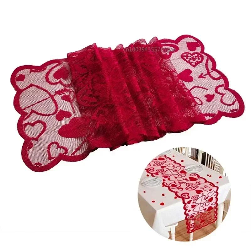 Valentines Day Decor Home Romantic Decorations Heart Shaped Table Runner,Red Lace Table Runner For Wedding Party