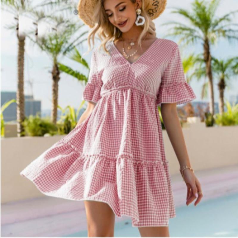 JKASHDK Women's Fashion Summer Spring Plaid Print Short Sleeve V-Neck High Waist Casual Dresses