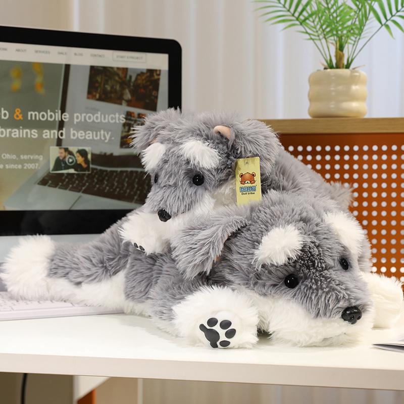 Muñeco de Peluche Schnauzer Gris Blanco Perro Tumbado Cara Bordada Mascota Suave Recuerdo para Amantes de Mascotas Regalo Peluche Suave Exhibición en Casa