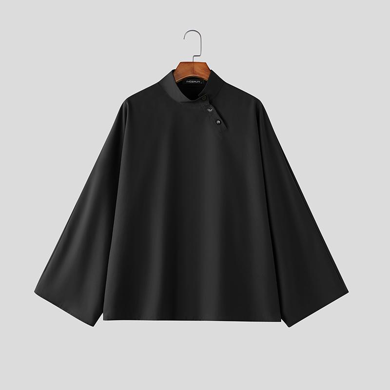 INCERUN Oversized Men Stand Neck Long Sleeve Side Button Casual Shirts Tops S чёрный