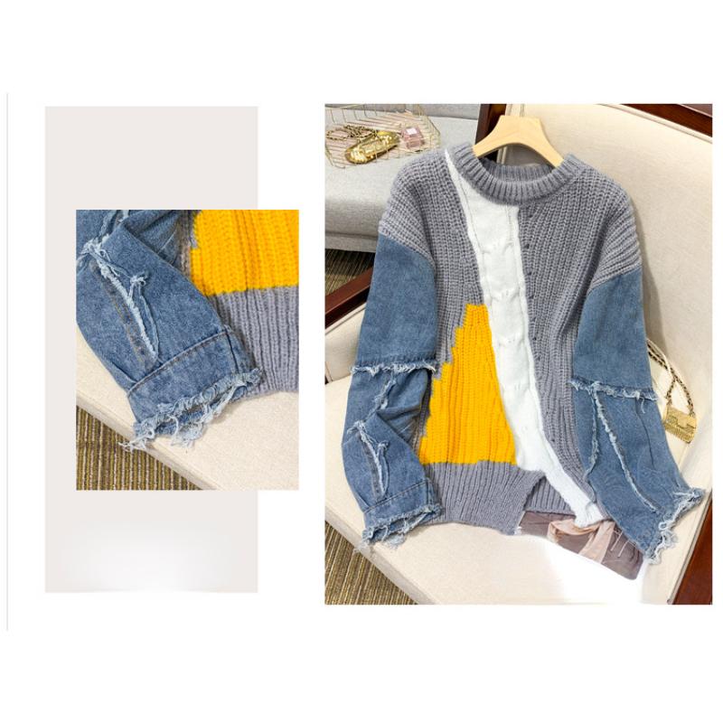 Maglietta invernale oversize da donna, maglione in denim con scollo a V, pullover patchwork, maglia basic blu alla moda, maglione largo
