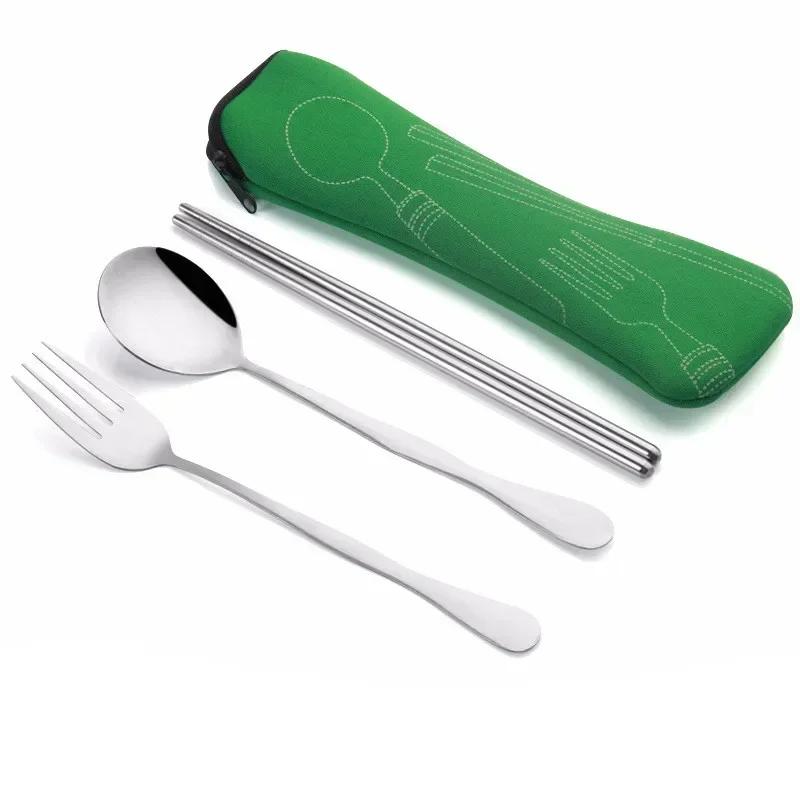 

Kitchen Household Tableware 3Pcs/set Stainless Steel Fork Spoon Chopsticks Cutlery Set Portable Picnic Cutlery Set Accessories зелёный