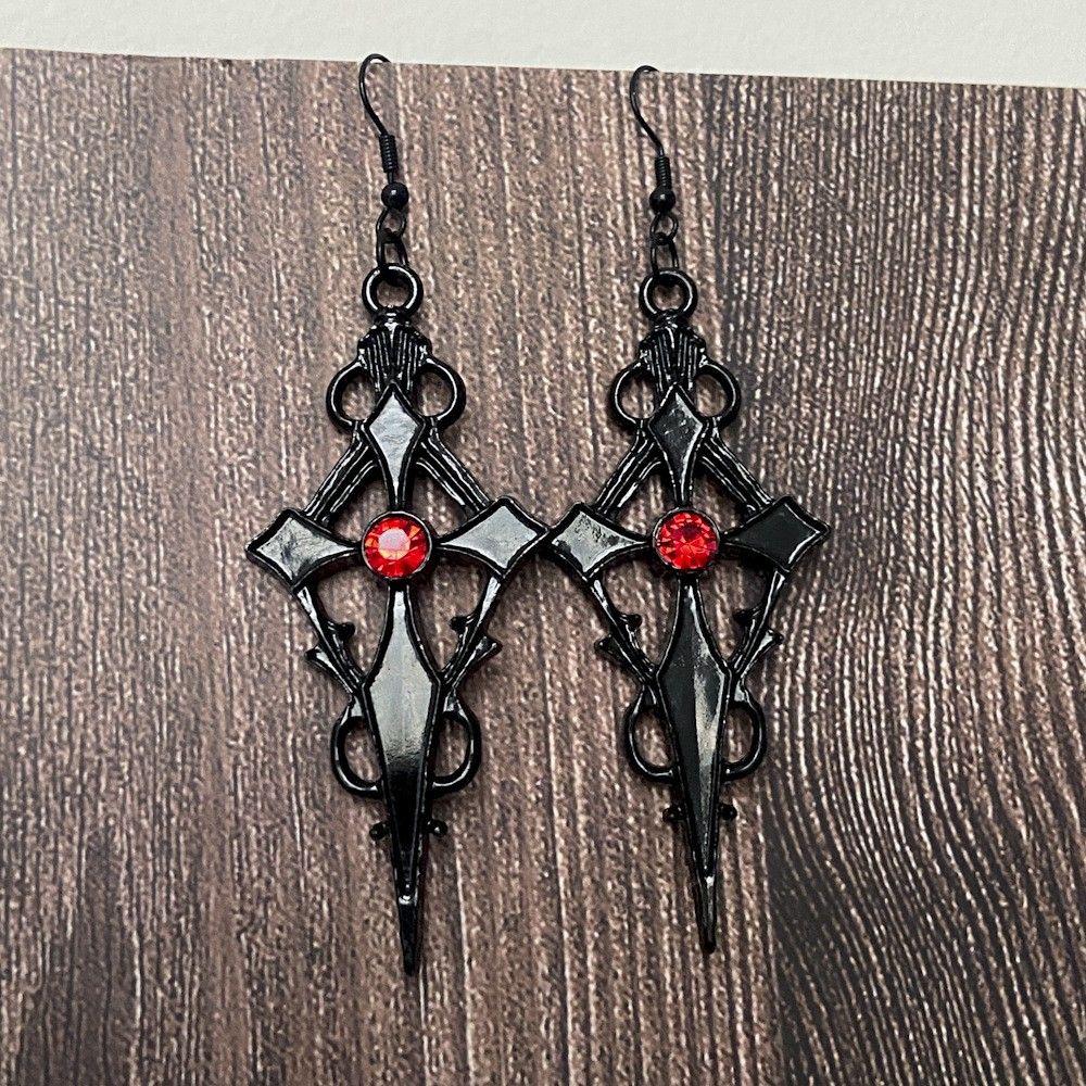 Gothic Punk Earrings Steampunk Black Cross Metal Red Rhinestone Ear Pendant for Women Girl