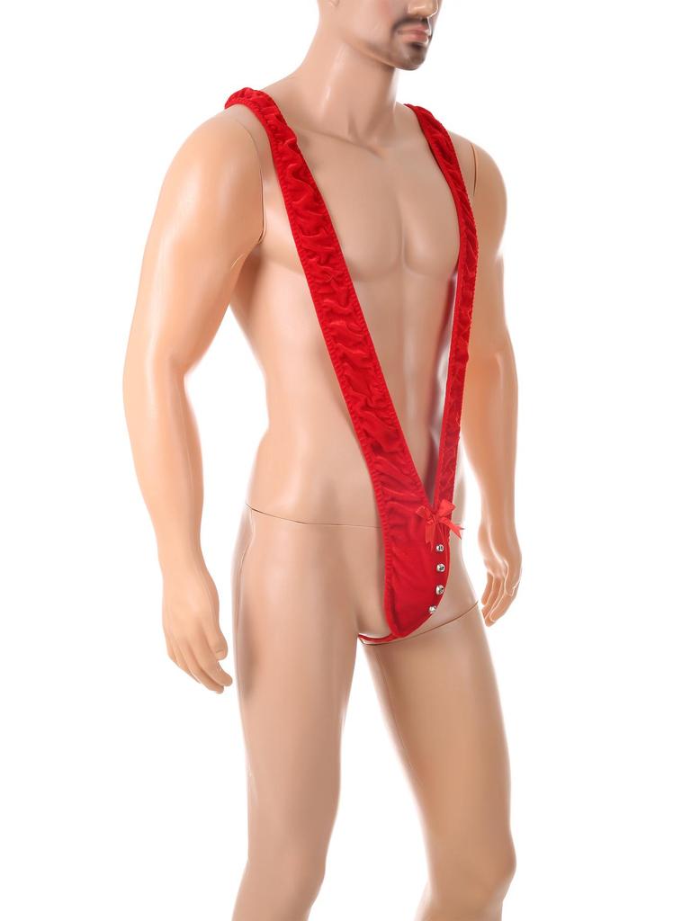 Men's Christmas Sexy Deep V Suspenders Onesie with Bell Bow