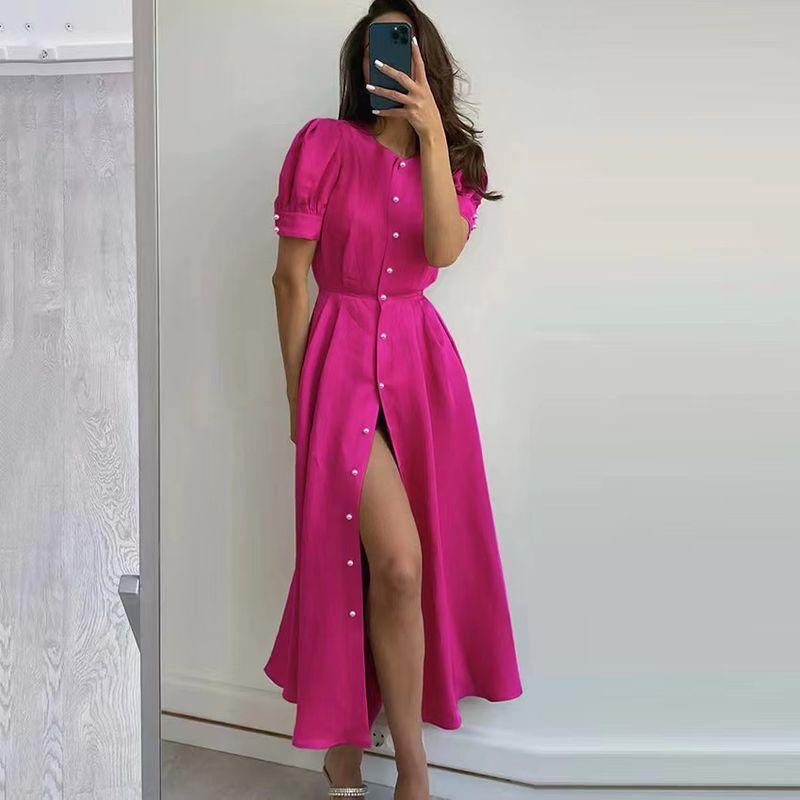 Fashion Style Puff Sleeve Dress Graceful and Fashionable Slit Dress Shirt Dress Puff Sleeve Dress
