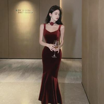 Women's Wine Red Velvet Fishtail Dress - French Summer Birthday Style