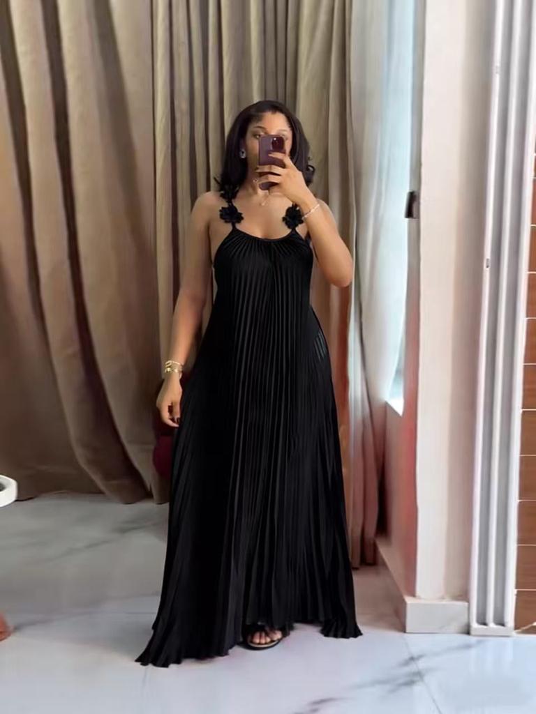 European and American summer new sweet and fresh suspender backless pleated dress long dress