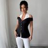 Elegant Women's Off-the-Shoulder Black and White Shirt - European & American Style, Slim Fit, Casual Office Wear
