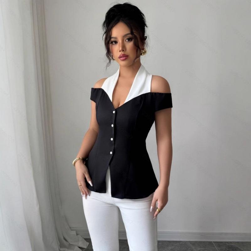 Elegant Women's Off-the-Shoulder Black and White Shirt - European & American Style, Slim Fit, Casual Office Wear