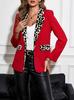 Women Elegant Leopard Lapel Blazer Open Front Long Sleeve Solid Color Patchwork Suit Jacket Casual Office Outerwear